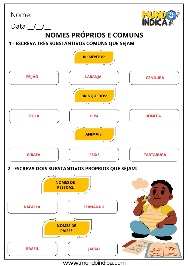 Atividade de Português com Nomes Próprios de Pessoas e Países e Nomes Comuns de Alimentos, Brinquedos e Animais com Respostas para Imprimir