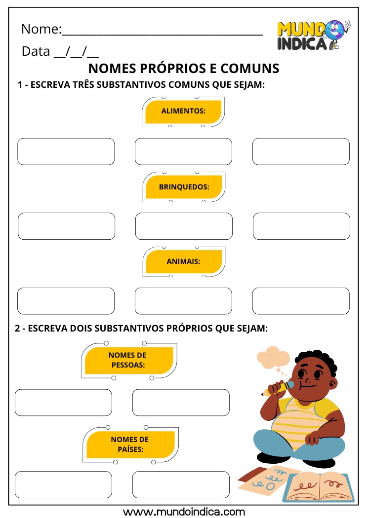 Atividade de Português com Nomes Próprios de Pessoas e Países e Nomes Comuns de Alimentos, Brinquedos e Animais para Imprimir