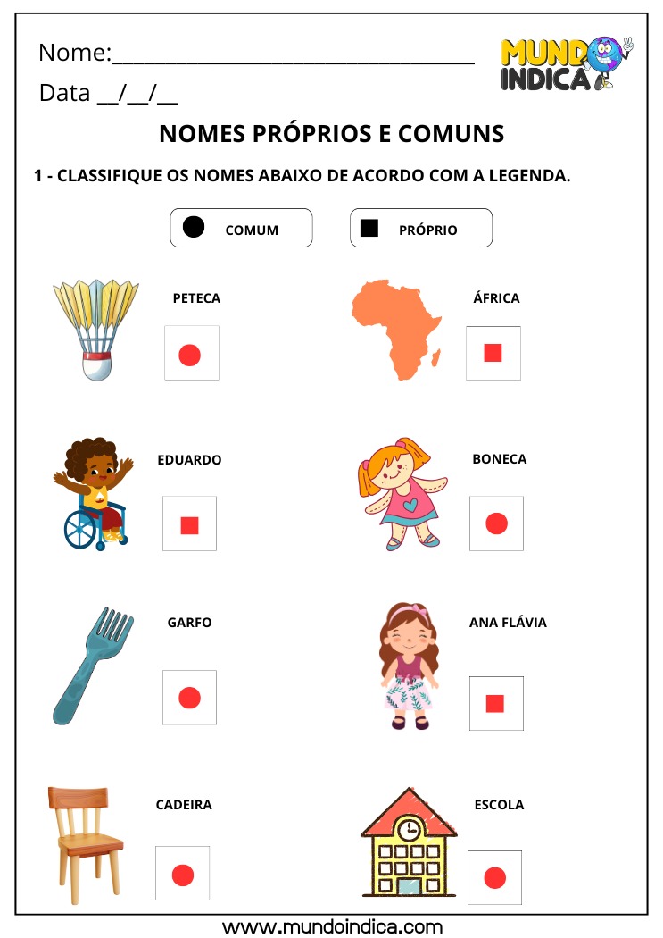 Atividade de Português com Nomes Próprios e Comuns com Respostas para Imprimir