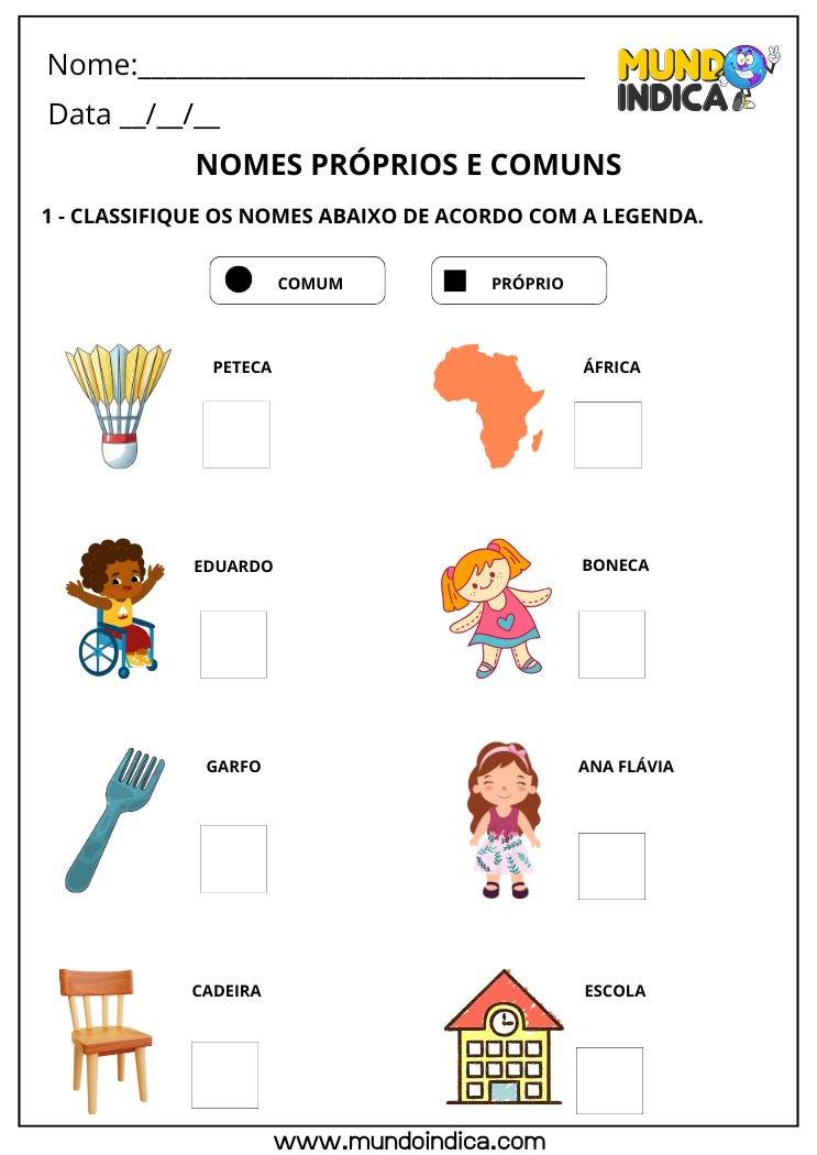 Atividade de Português com Nomes Próprios e Comuns para Imprimir