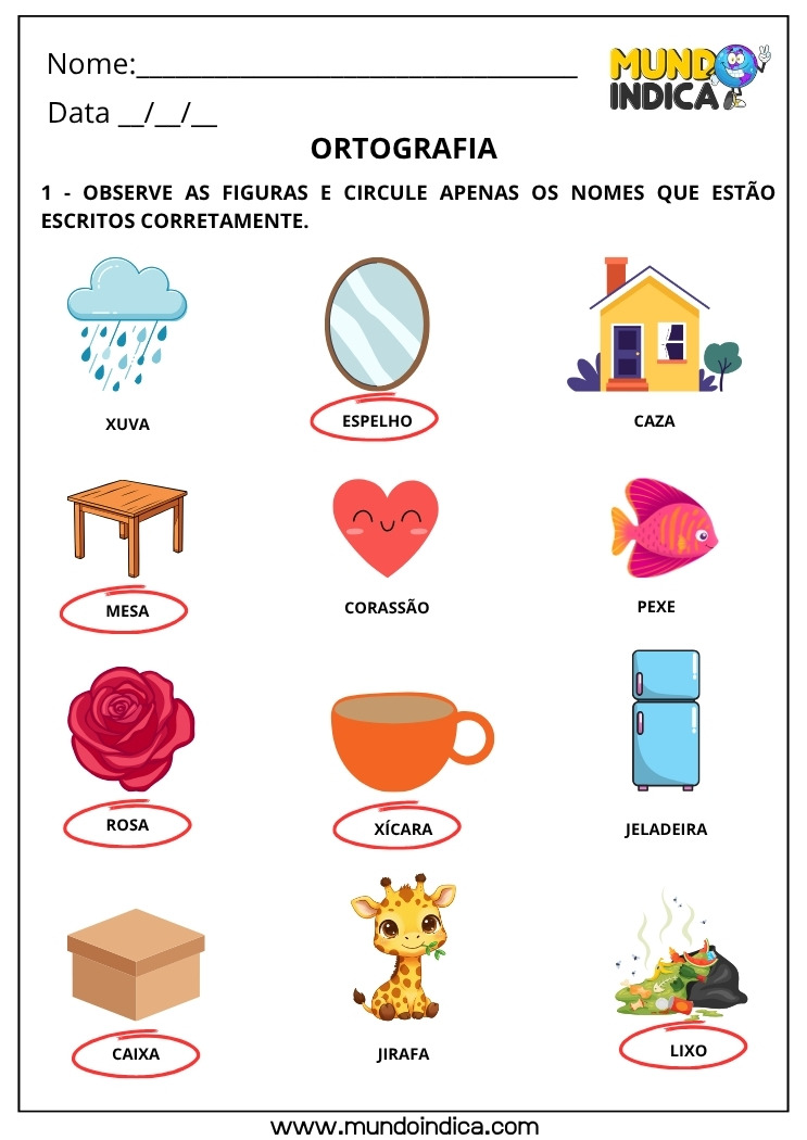 Atividade de Português com Ortografia Circule Apenas os Nomes que Estão Escritos Corretamente com Respostas para Imprimir