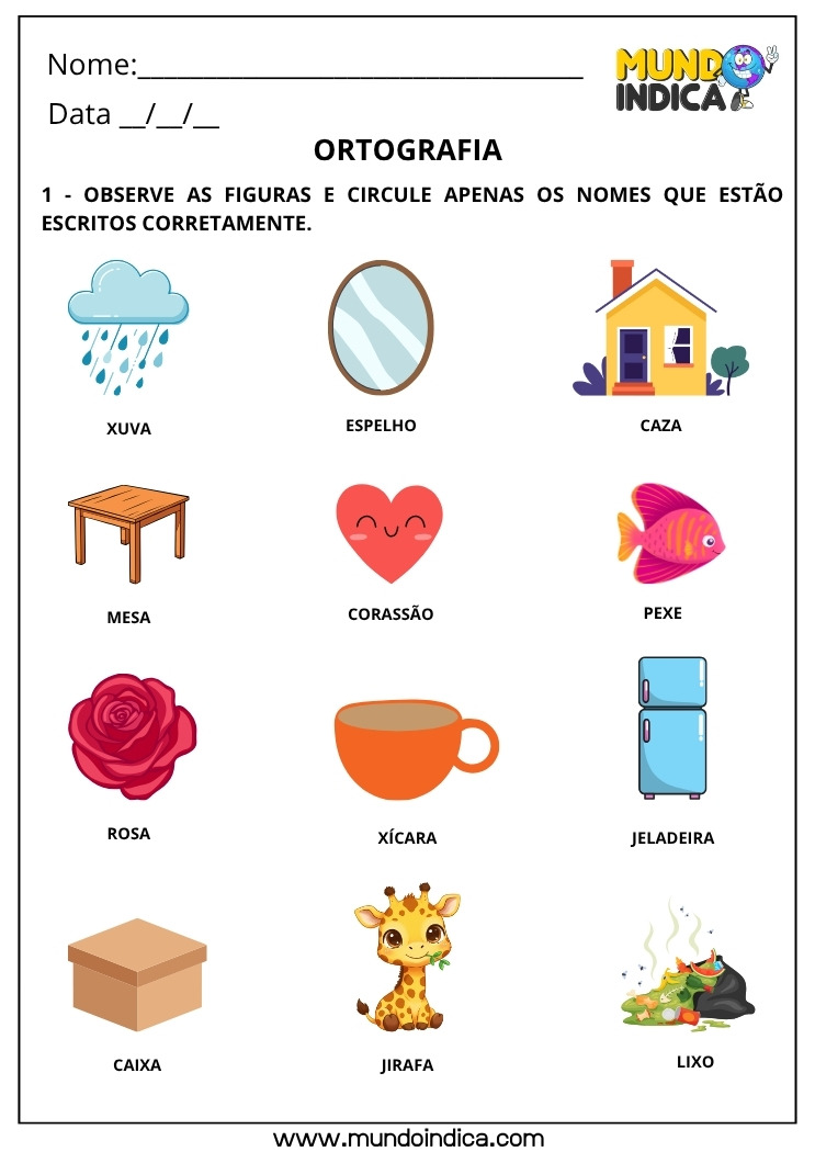 Atividade de Português com Ortografia Circule Apenas os Nomes que Estão Escritos Corretamente para Imprimir