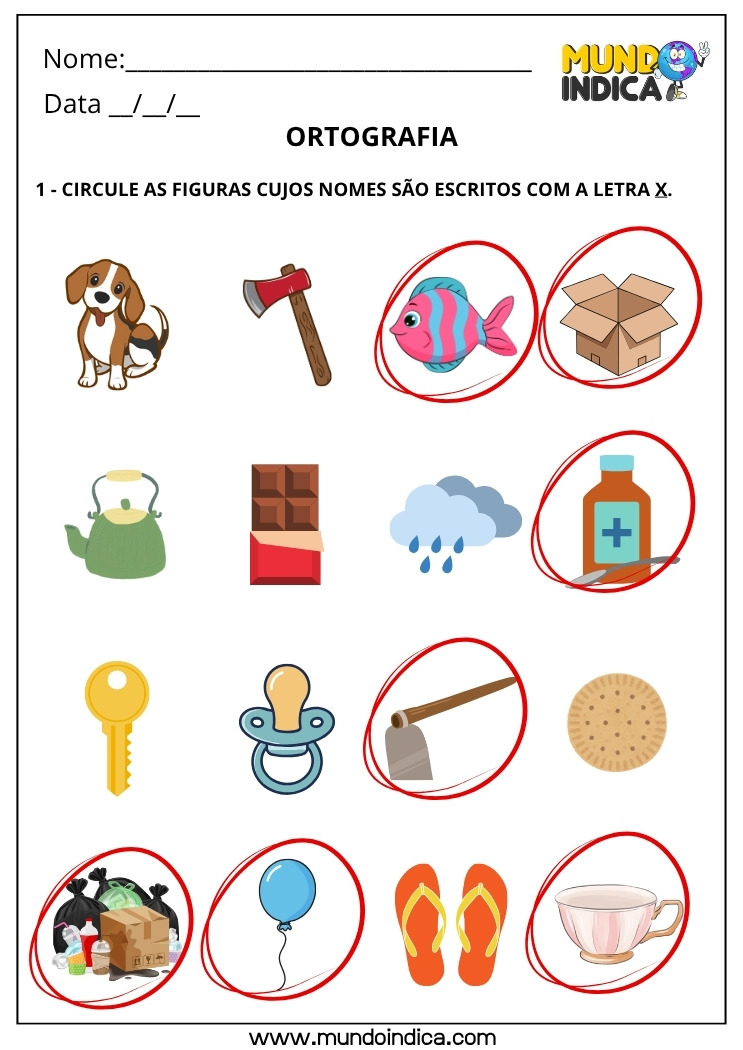Atividade de Português com Ortografia Circule os Nomes Escritos com a Letra X com Respostas para Imprimir
