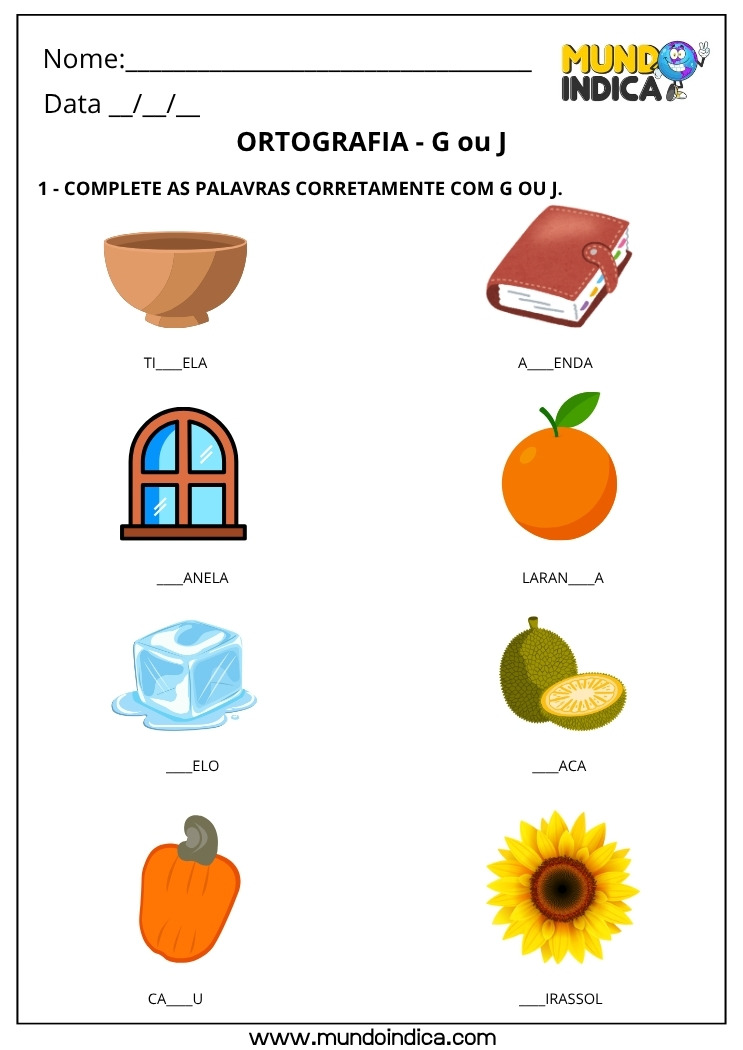 Atividade de Português com Ortografia Complete as Palavras com G ou J para Imprimir