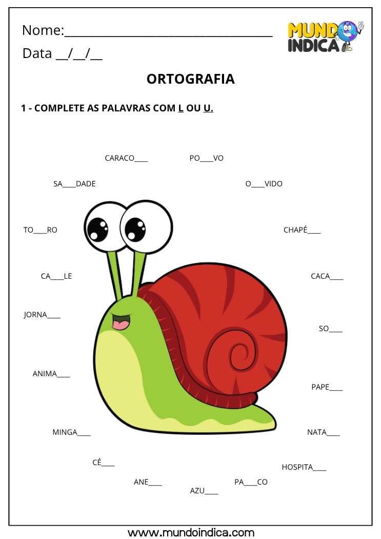 Atividade de Português com Ortografia Complete as Palavras com L ou U para Imprimir