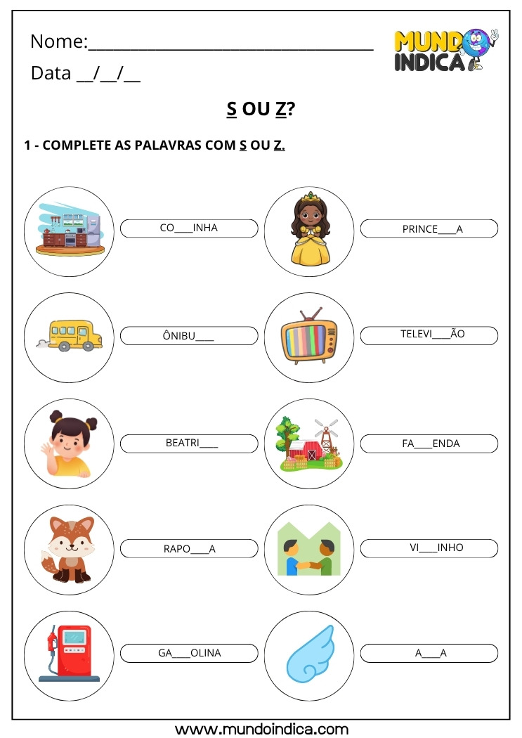 Atividade de Português com Ortografia e Fonética Complete as Palavras com S ou Z para Imprimir