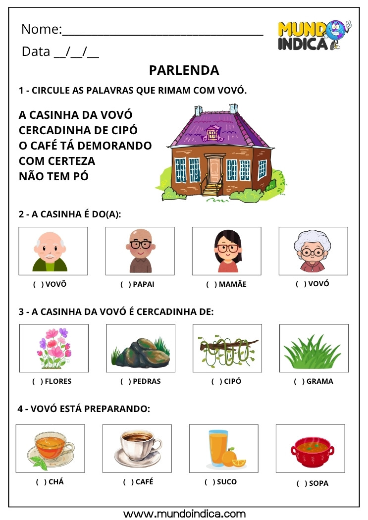 Atividade de Português com Parlenda para Imprimir da Casinha da Vovó