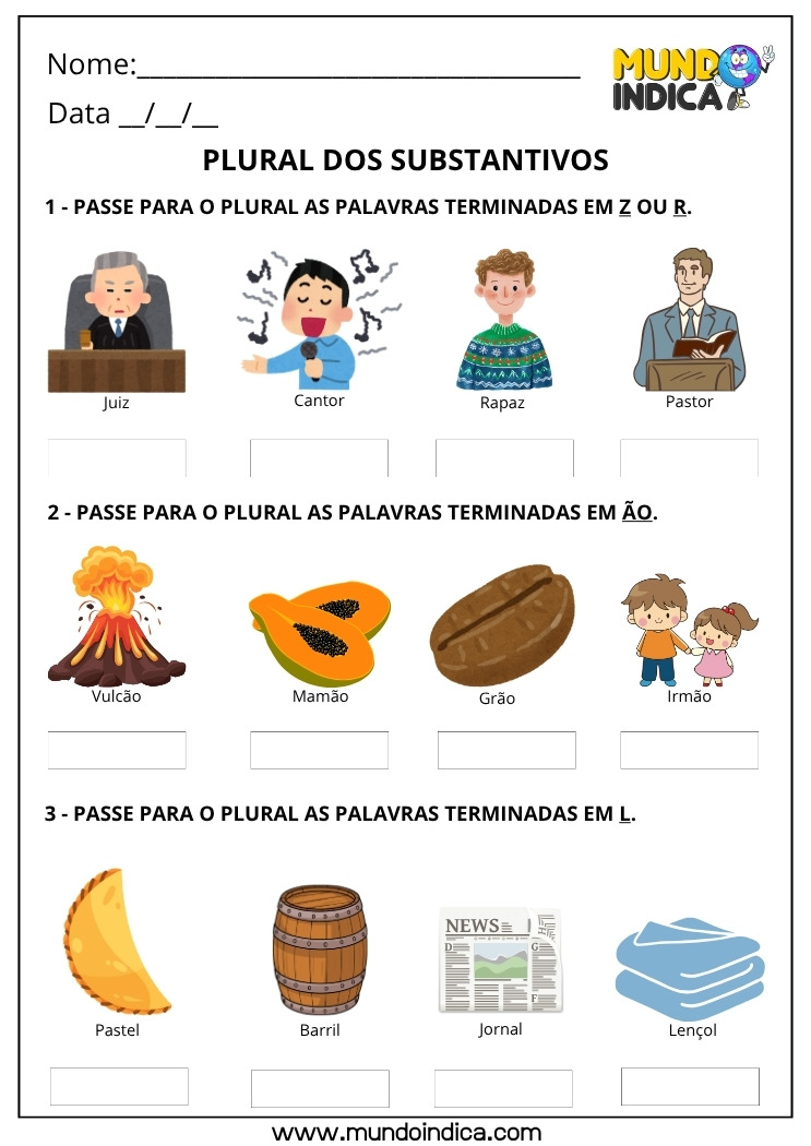 Atividade de Português com Plural dos Substantivos Terminados em Z, R, Ão e L para Imprimir