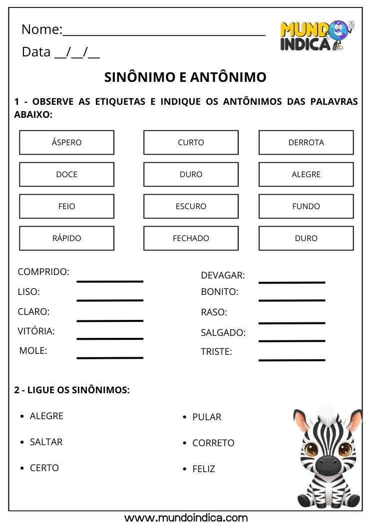 Atividade de Português com Sinônimos e Antônimos para Imprimir