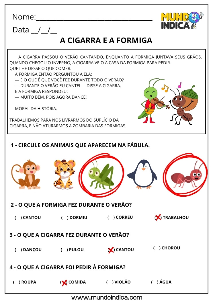 Atividade de Português com a Fábula da Cigarra e da Formiga sobre Trabalho com Respostas para Imprimir