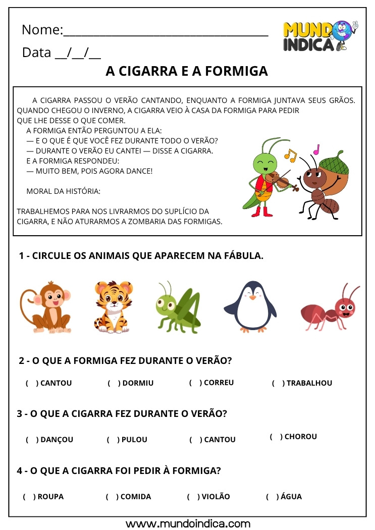 Atividade de Português com a Fábula da Cigarra e da Formiga sobre Trabalho para Imprimir