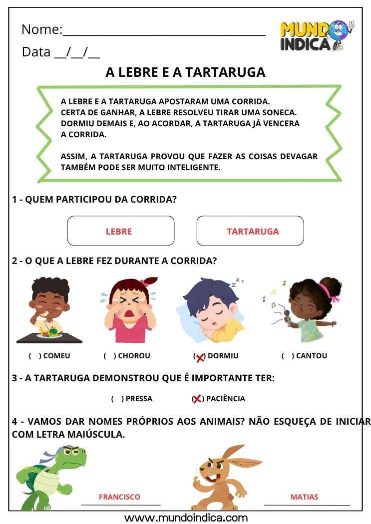 Atividade de Português com a Fábula da Lebre e da Tartaruga com Respostas para Imprimir