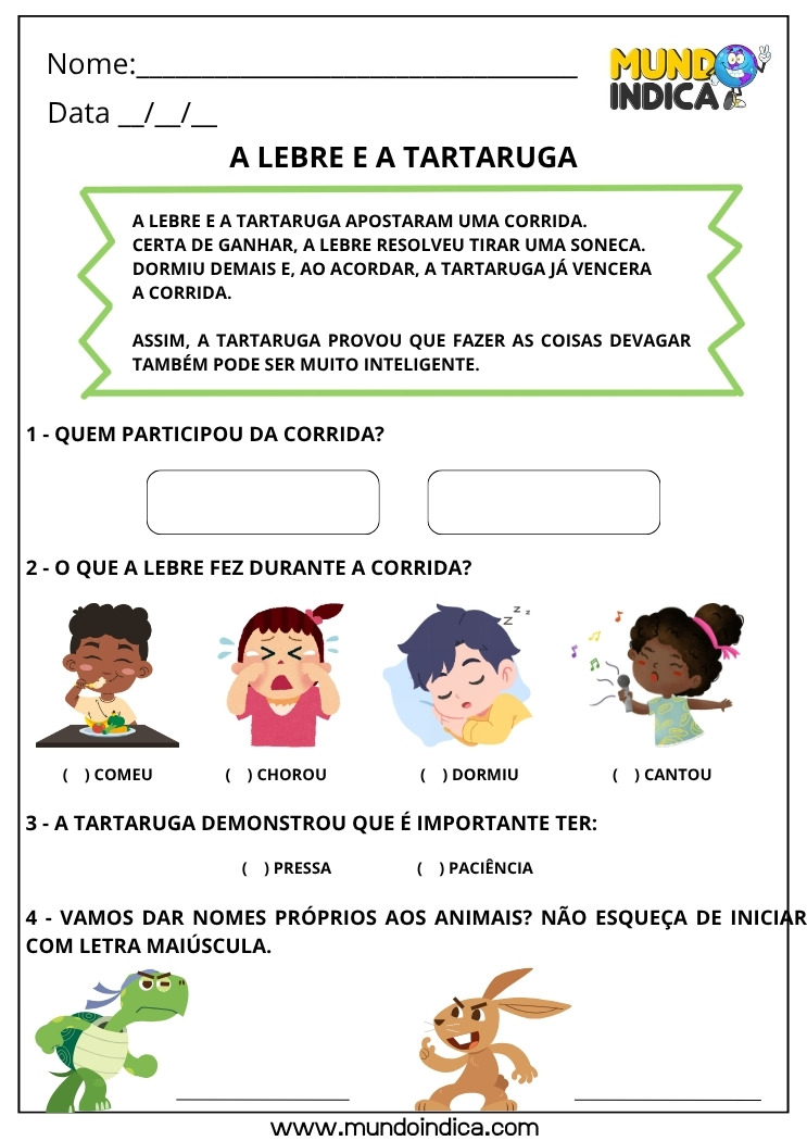 Atividade de Português com a Fábula da Lebre e da Tartaruga para Imprimir