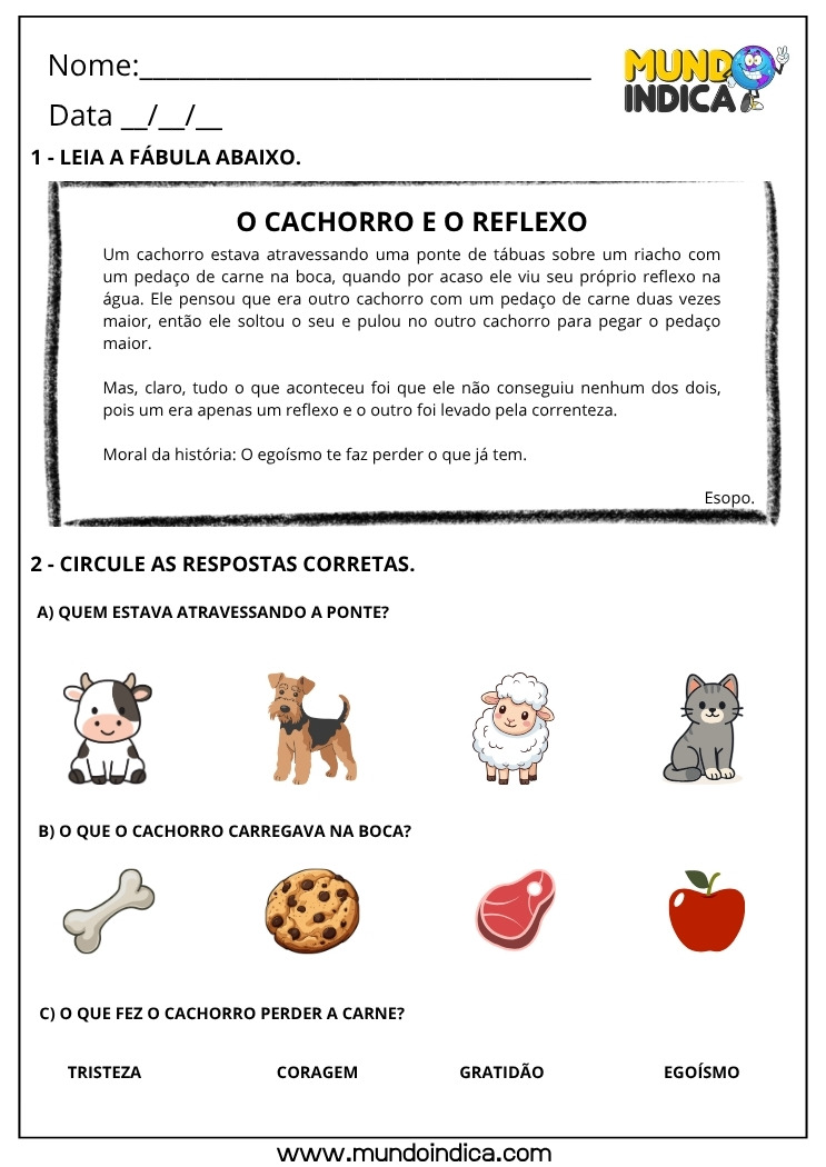 Atividade de Português com a Fábula do Cachorro e o Reflexo sobre Egoísmo para Imprimir