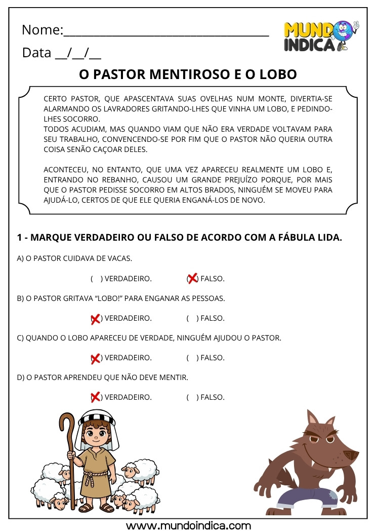 Atividade de Português com a Fábula do Pastor Mentiroso e do Lobo sobre Mentiras com Respostas para Imprimir