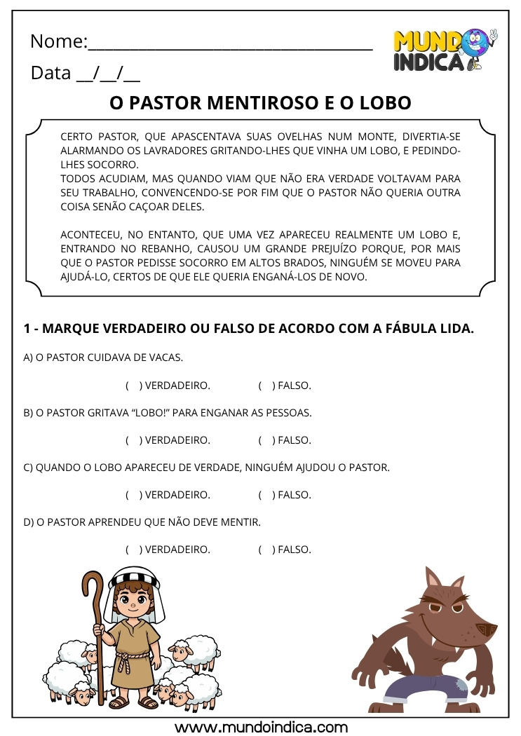 Atividade de Português com a Fábula do Pastor Mentiroso e do Lobo sobre Mentiras para Imprimir