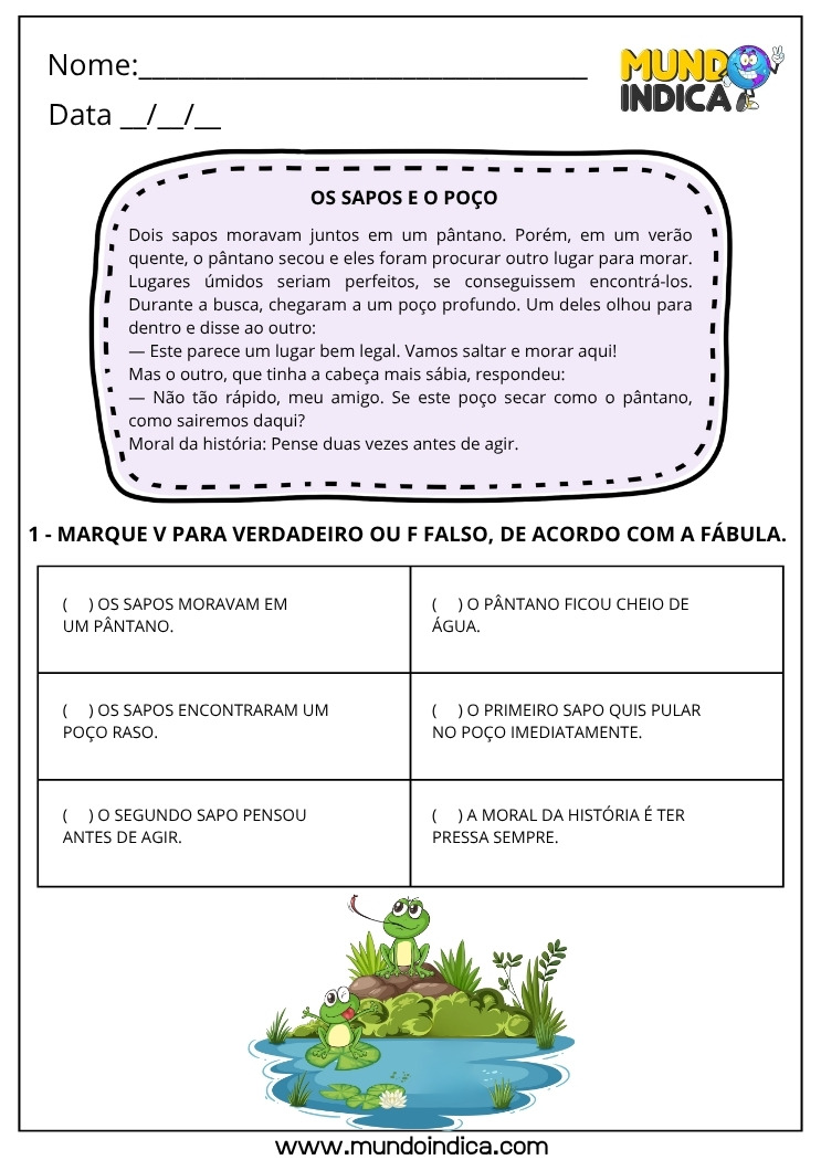 Atividade de Português com a Fábula dos Sapos e do Poço sobre Pensar Duas Vezes antes de Agir para Imprimir