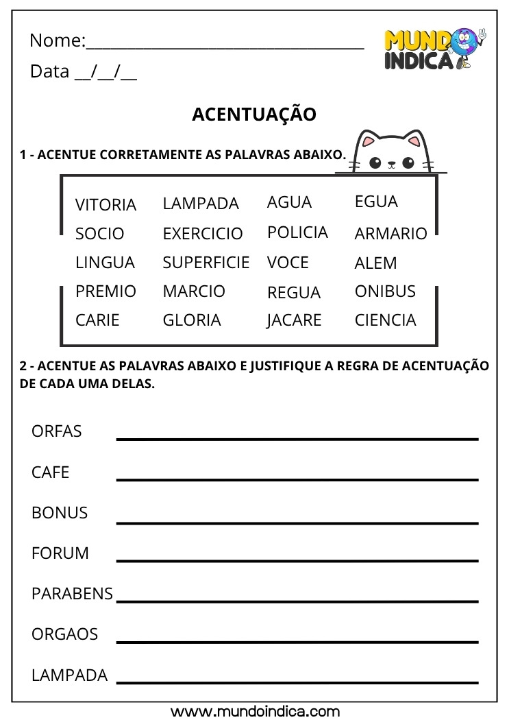 Atividade de Português para Acentuar as Palavras Corretamente e Justificar a Regra de Acentuação de Cada uma Delas