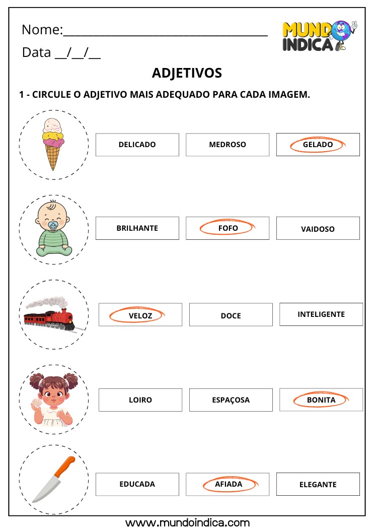 Atividade de Português para Circular o Adjetivo mais Adequado para cada Imagem com Respostas para Imprimir
