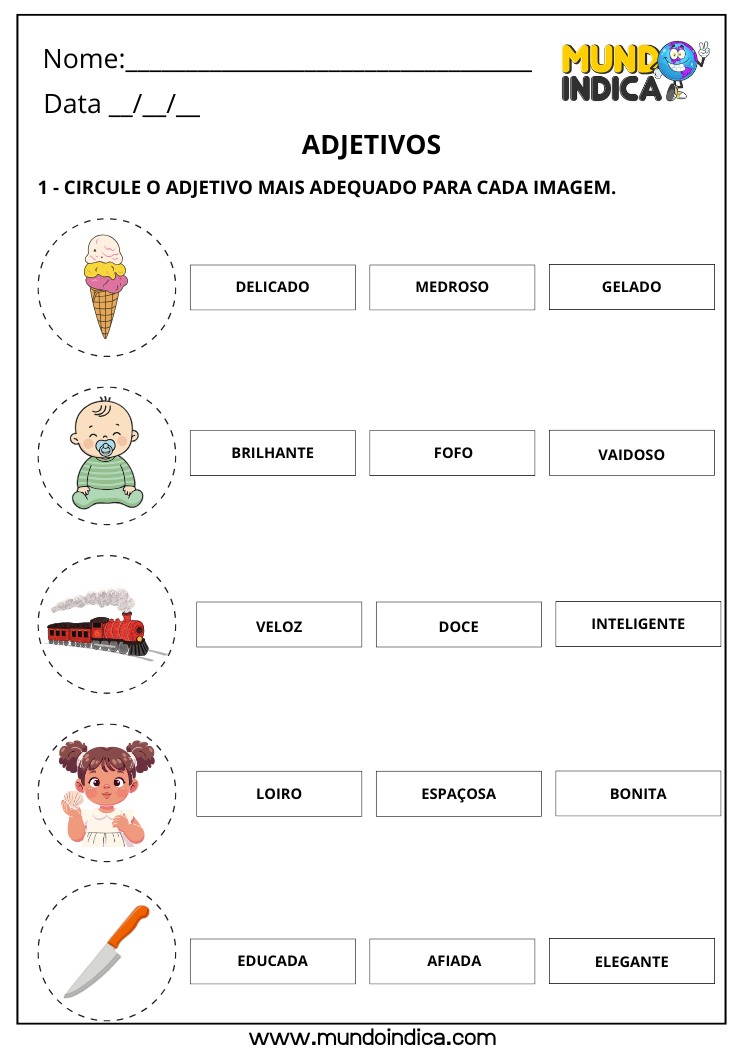 Atividade de Português para Circular o Adjetivo mais Adequado para cada Imagem para Imprimir
