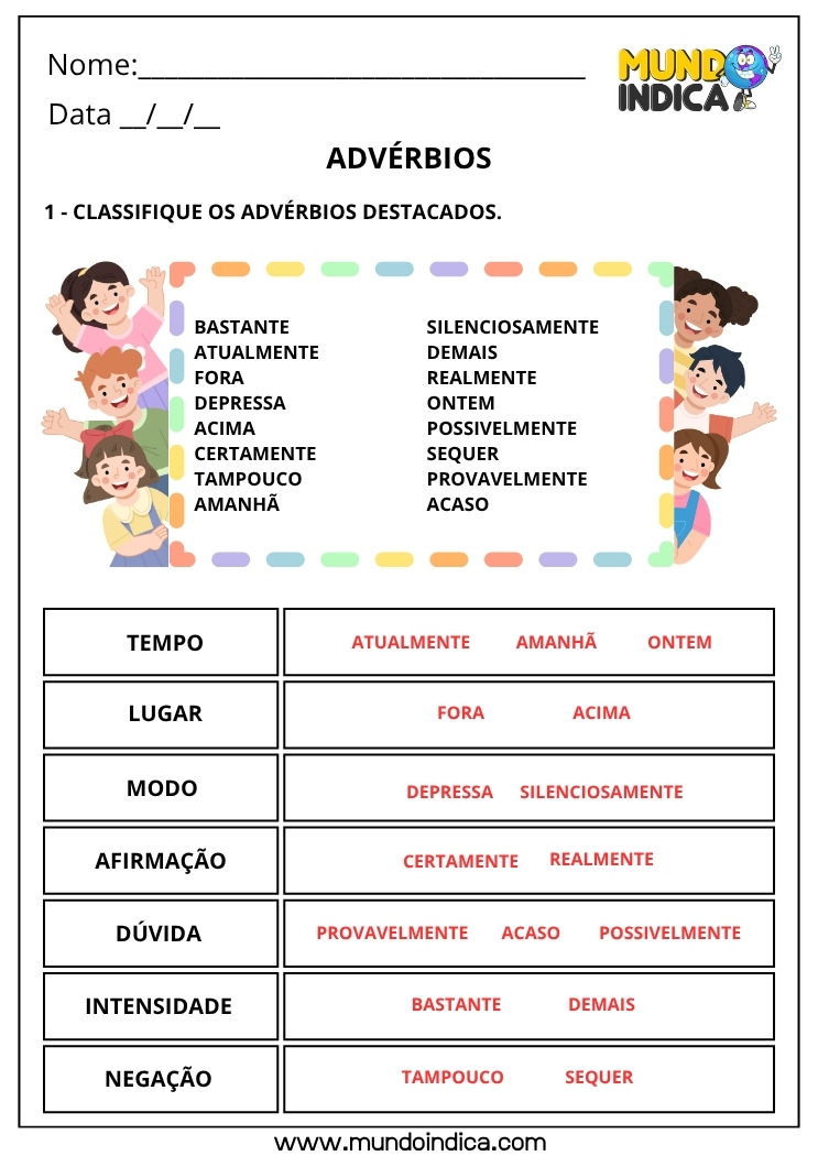 Atividade de Português para Classificar os Advérbios Destacados com Respostas para Imprimir