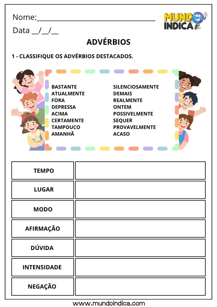 Atividade de Português para Classificar os Advérbios Destacados para Imprimir
