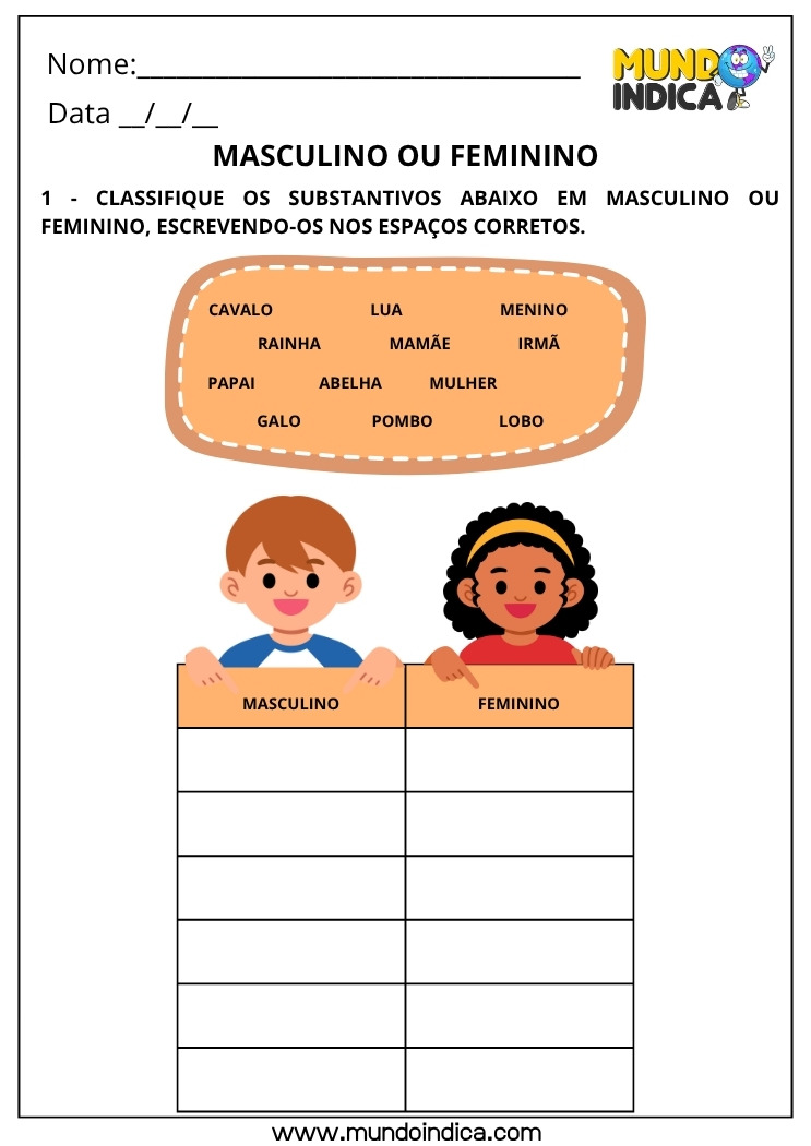 Atividade de Português para Classificar os Substantivos em Masculino ou Feminino para Imprimir