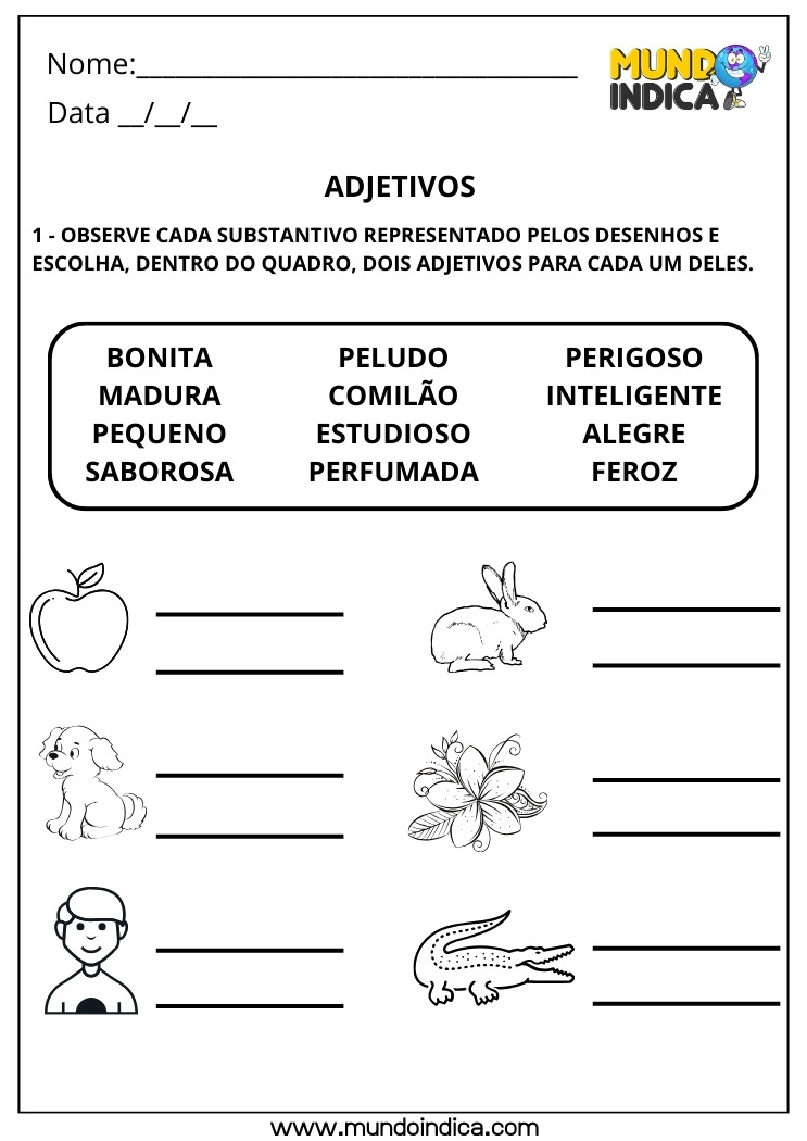 Atividade de Português para Nomear os Substantivos com Adjetivos para Imprimir