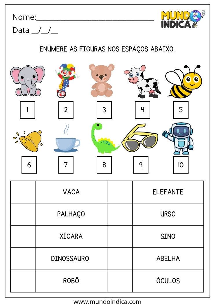 Atividade de Português para os Anos Iniciais do Ensino Fundamental Enumere as Figuras conforme as Palavras para Imprimir
