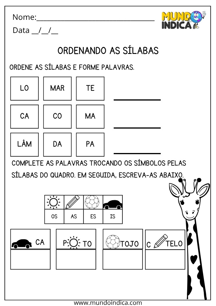 Atividade de Português para os Anos Iniciais do Ensino Fundamental Ordene as Sílabas e Troque os Símbolos por Sílabas para Imprimir