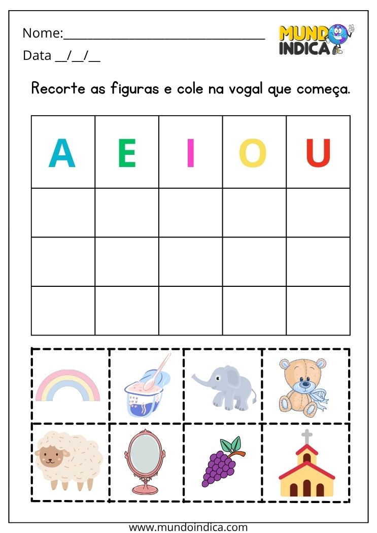 Atividade de Português para os Anos Iniciais do Ensino Fundamental Recorte a Figura e Cole na Vogal Inicial para Imprimir