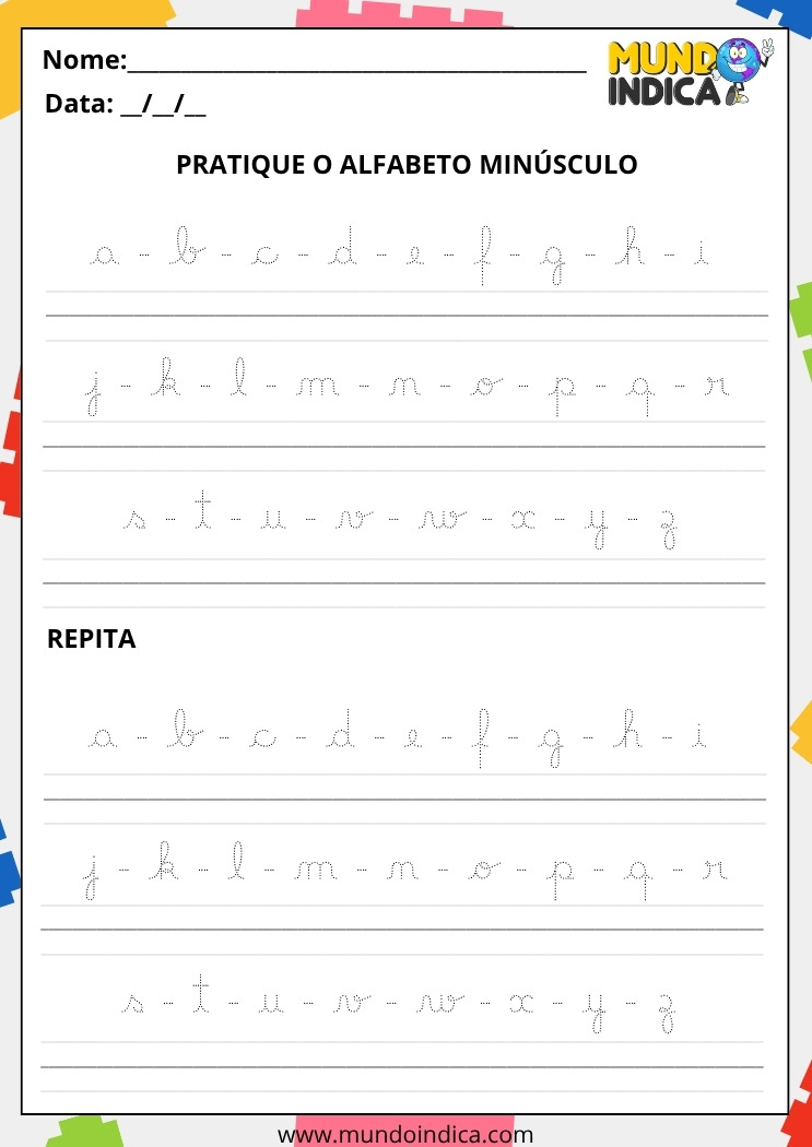 Atividade de Português para os Anos Iniciais do Ensino Fundamental com Alfabeto Cursivo Minúsculo para Imprimir