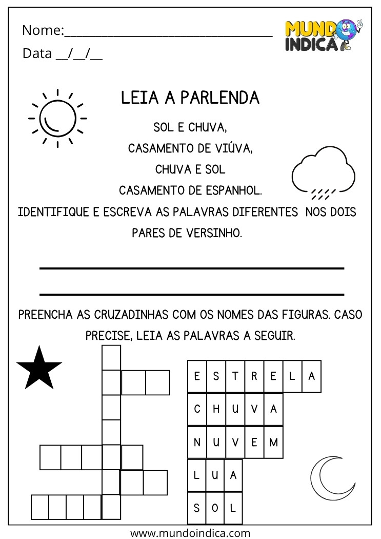 Atividade de Português para os Anos Iniciais do Ensino Fundamental com Parlenda e Cruzadinha para Imprimir