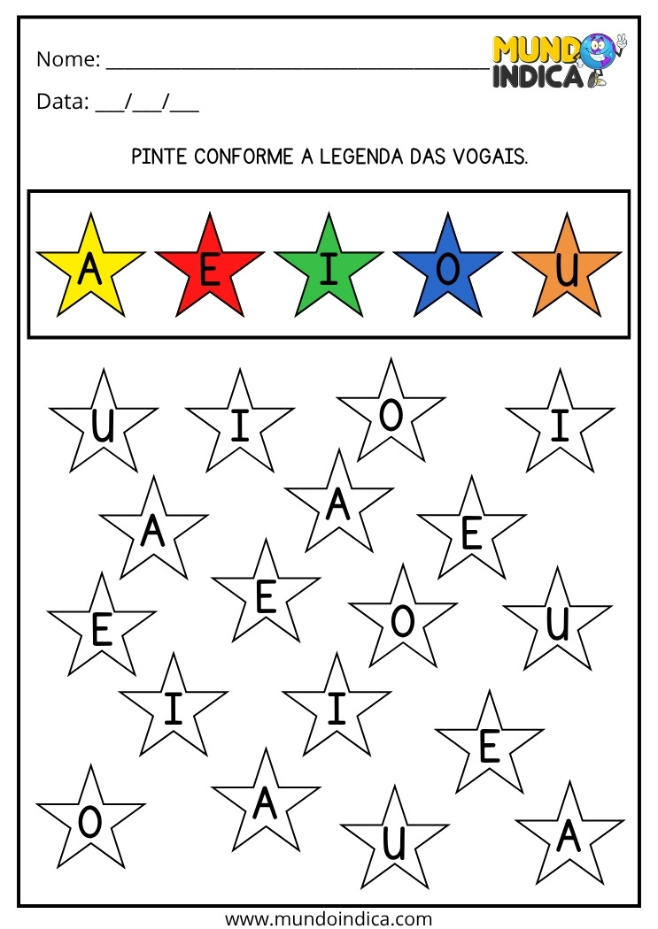 Atividade de Português para os Anos Iniciais do Ensino Fundamental com Pintura das Vogais para Imprimir