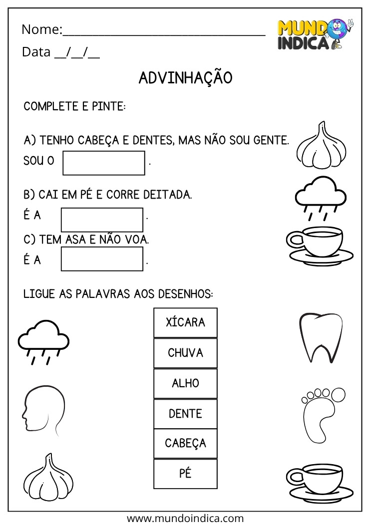 Atividade de Português para os Anos Iniciais do Ensino Fundamental para Adivinhar e Ligar as Palavras aos Desenhos para Imprimir
