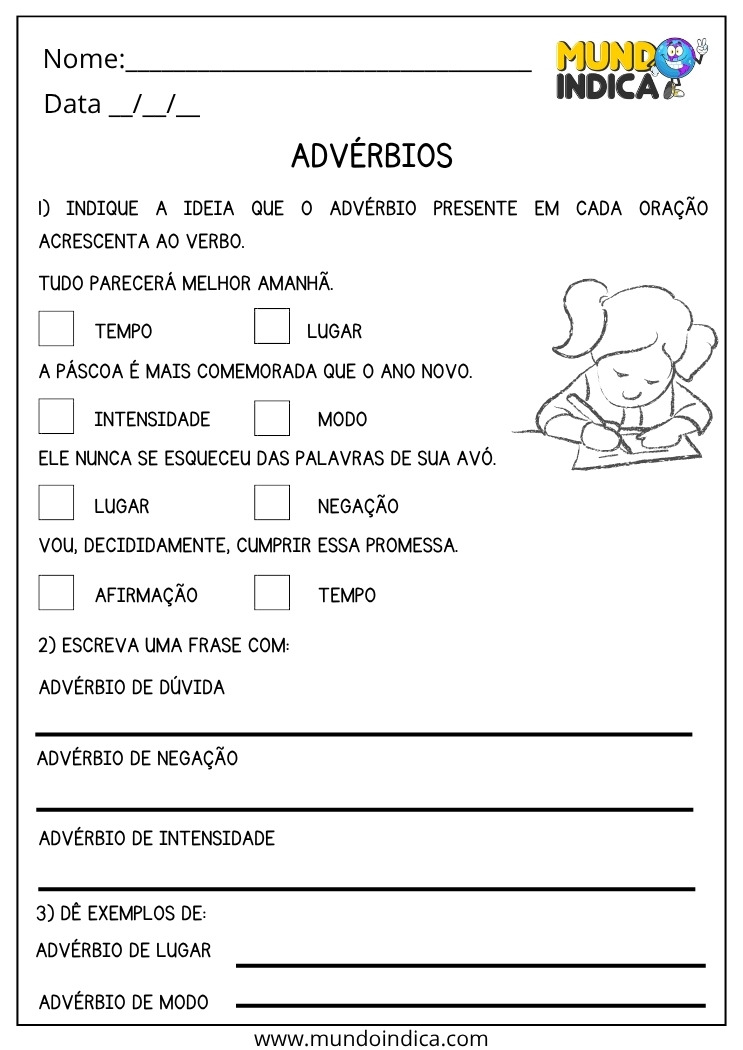 Atividade de Português para os Anos Iniciais do Ensino Fundamental sobre Advérbios para Imprimir