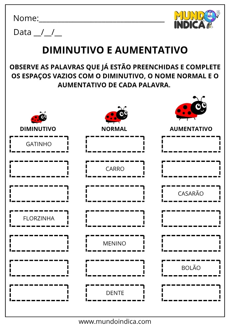 Atividade de Português para os Anos Iniciais do Ensino Fundamental sobre Diminutivo e Aumentativo para Imprimir