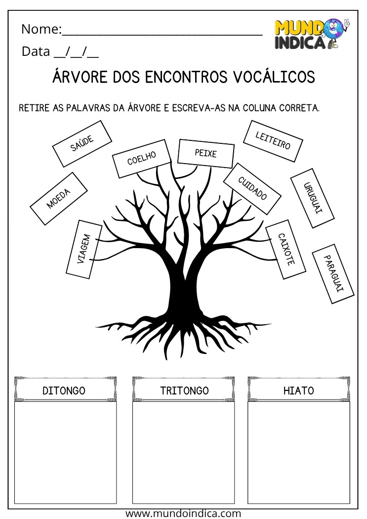 Atividade de Português para os Anos Iniciais do Ensino Fundamental sobre Encontros Vocálicos para Imprimir