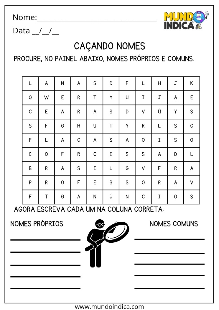 Atividade de Português para os Anos Iniciais do Ensino Fundamental sobre Nomes Próprios e Comuns com Caça-palavras para Imprimir