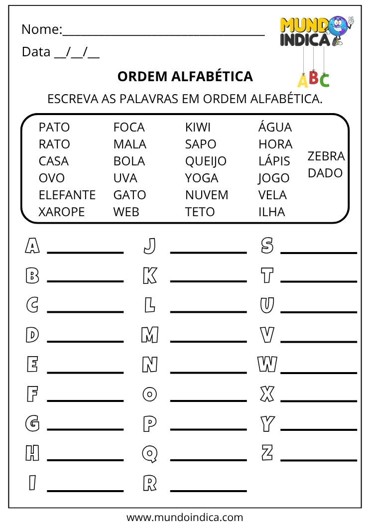 Atividade de Português para os Anos Iniciais do Ensino Fundamental sobre Ordem Alfabética para Imprimir