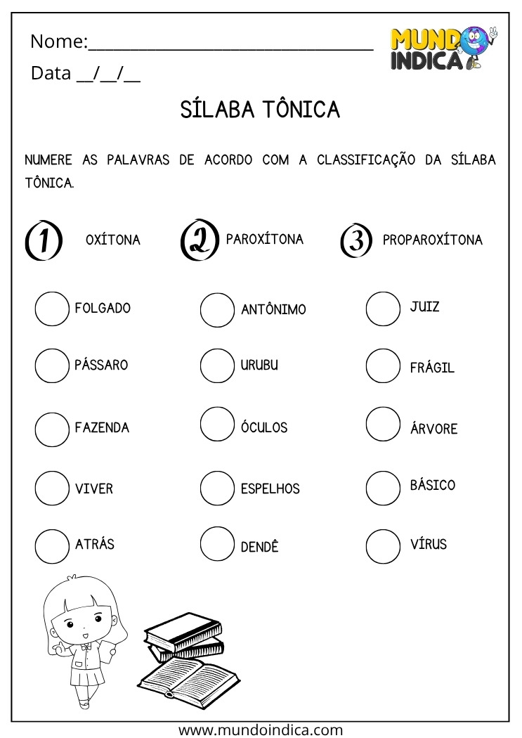 Atividade de Português para os Anos Iniciais do Ensino Fundamental sobre Sílaba Tônica para Imprimir