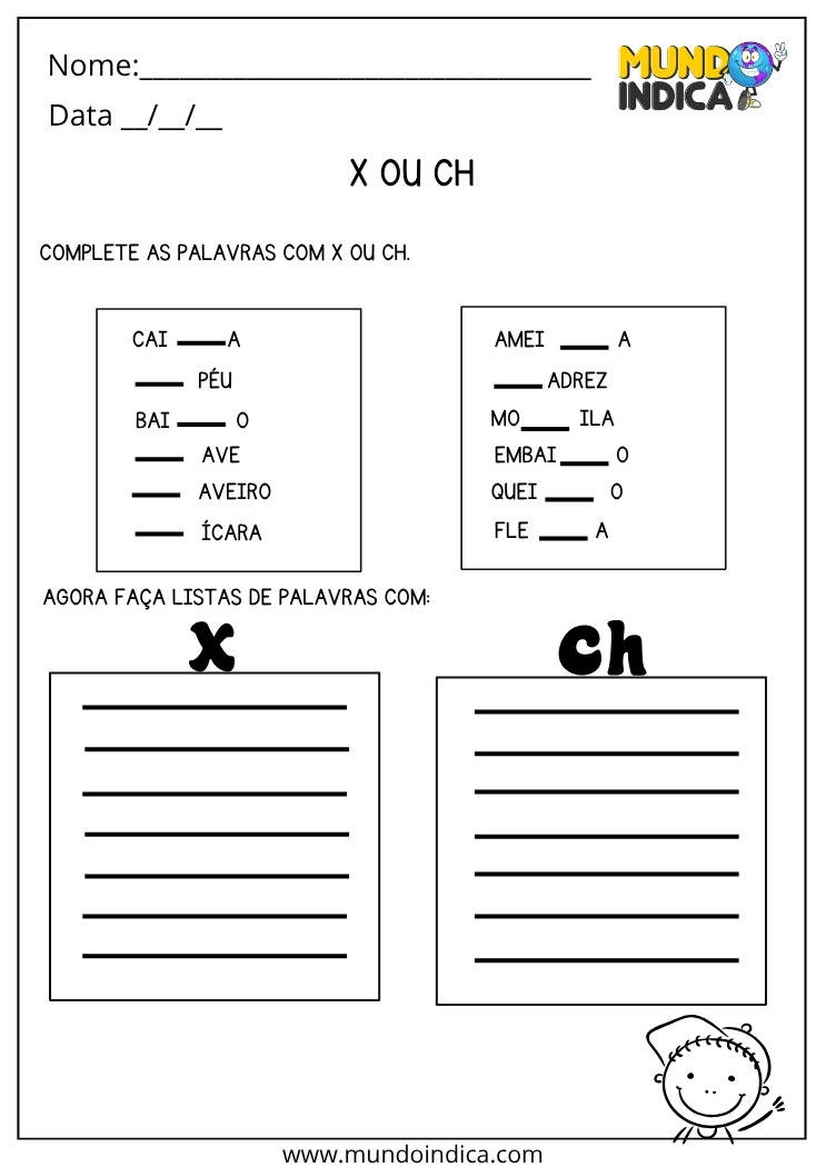 Atividade de Português para os Anos Iniciais do Ensino Fundamental sobre X ou CH para Imprimir