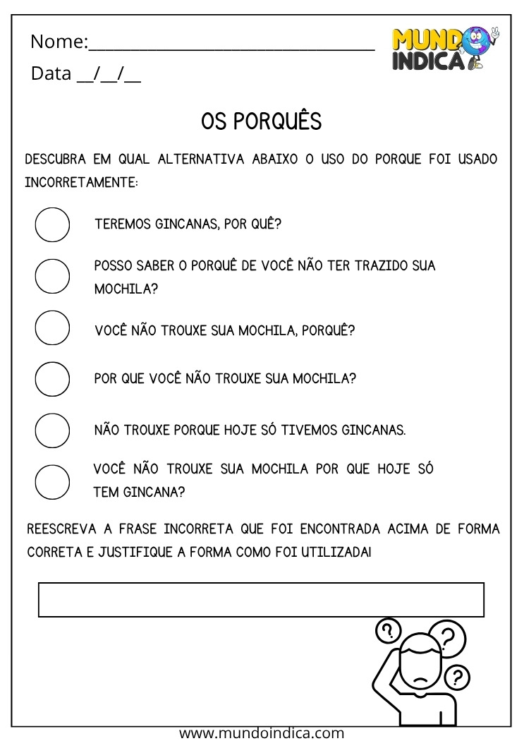 Atividade de Português para os Anos Iniciais do Ensino Fundamental sobre o Uso dos Porquês para Imprimir
