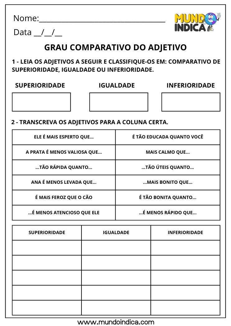 Atividade de Português sobre Grau Comparativo do Adjetivo para Imprimir