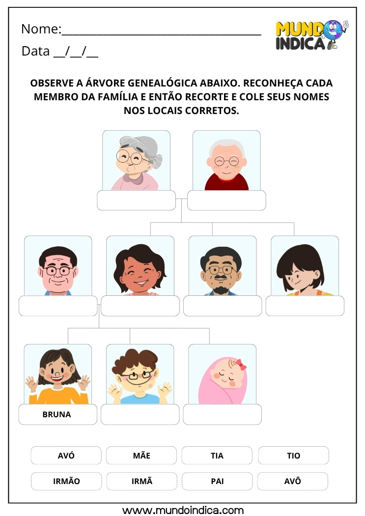 Atividade sobre Família com Recorte e Colagem dos Nomes para Completar a Árvore Genealógica para Educação Infantil