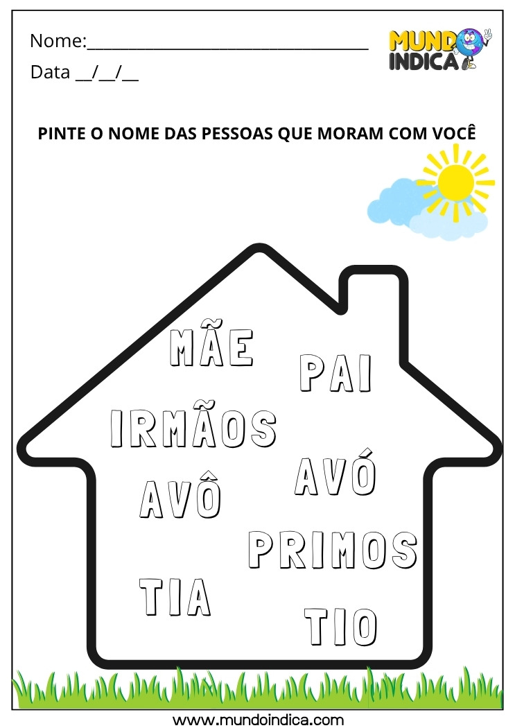 Atividade sobre Família para Educação Infantil Pinte o Nome das Pessoas que Moram com Você para Imprimir