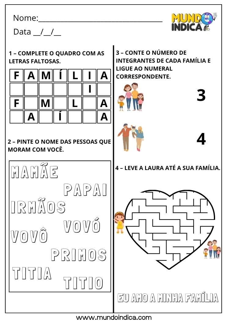 Atividade sobre Família para Educação Infantil com Letras Faltosas, Pintura, Ligue e Labirinto para Imprimir