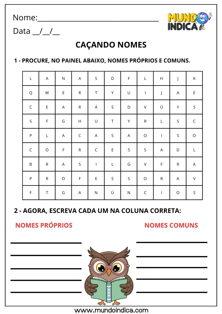 Caça-palavras dos Nomes Próprios e Comuns para Imprimir