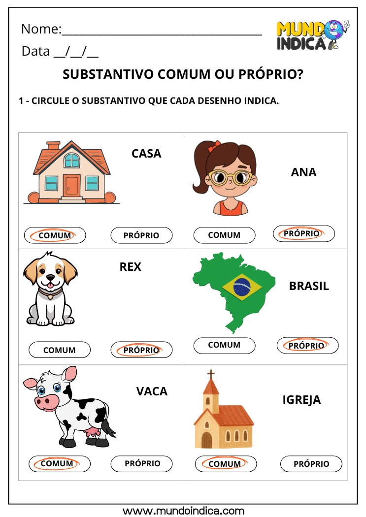 Exercício de Português com Nomes Próprios e Comuns com Respostas para Imprimir