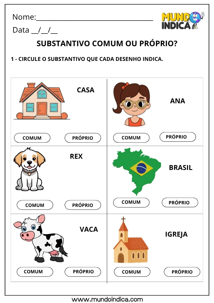 Exercício de Português com Nomes Próprios e Comuns para Imprimir